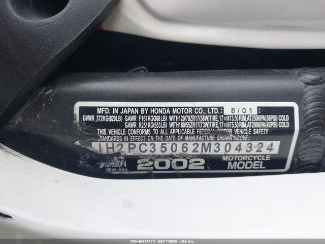 46121773 :رقم المزاد ، JH2PC35062M304324 vin ، 2002 Honda Cbr600 F4 مزاد بيع