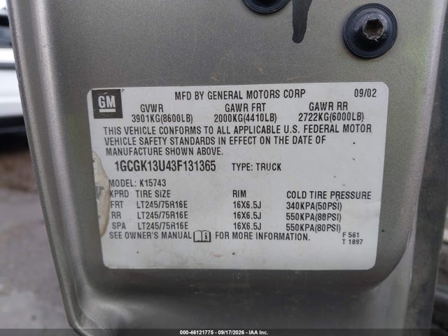 Aukcja sprzedaży 2003 Chevrolet Silverado 1500hd Ls, vin: 1GCGK13U43F131365, numer aukcji: 46121775