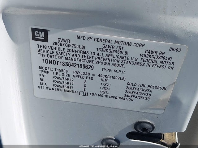 Продаж на аукціоні авто 2004 Chevrolet Trailblazer Lt, vin: 1GNDT13S642180629, номер лоту: 46121783