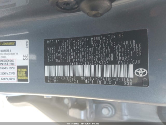 Продажа на аукционе авто 2025 Toyota Corolla Le, vin: 5YFB4MDE3SP235138, номер лота: 46121820