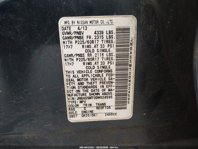 Продажа на аукционе авто 2013 Nissan Rogue Sv, vin: JN8AS5MT0DW024595, номер лота: 46121831