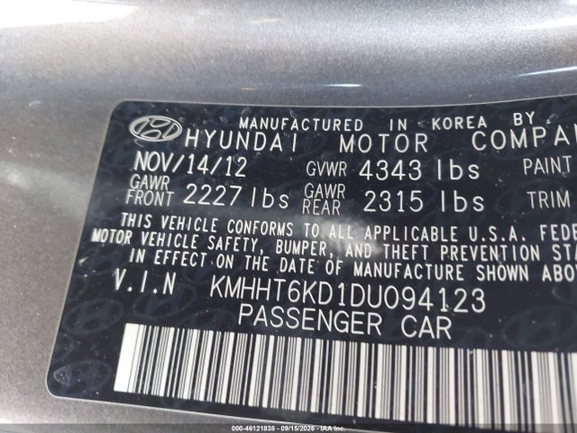 Auction sale of the 2013 Hyundai Genesis 2.0t, vin: KMHHT6KD1DU094123, lot number: 46121838