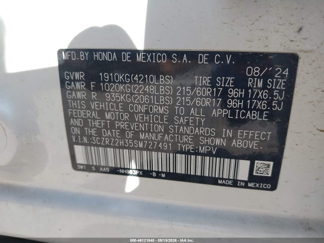 2025 Honda Hr-v Awd Lx მანქანა იყიდება აუქციონზე, vin: 3CZRZ2H35SM727491, აუქციონის ნომერი: 46121840