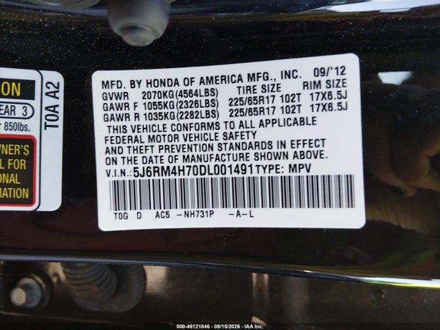 46121846 :رقم المزاد ، 5J6RM4H70DL001491 vin ، 2013 Honda Cr-v Ex-l مزاد بيع