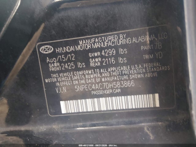 2013 Hyundai Sonata Limited მანქანა იყიდება აუქციონზე, vin: 5NPEC4AC7DH583866, აუქციონის ნომერი: 46121850