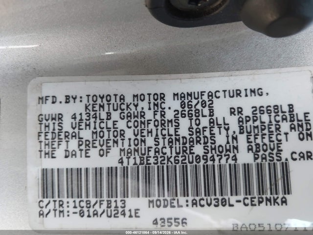Auction sale of the 2002 Toyota Camry Le, vin: 4T1BE32K62U094774, lot number: 46121864