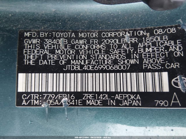 Aukcja sprzedaży 2009 Toyota Corolla Le, vin: JTDBL40E699068007, numer aukcji: 46121884