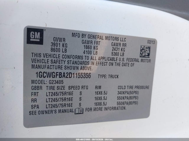 Aukcja sprzedaży 2013 Chevrolet Express G2500, vin: 1GCWGFBA2D1155356, numer aukcji: 46121885