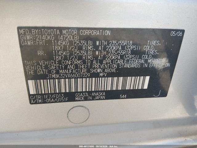 Aukcja sprzedaży 2006 Toyota Rav4 Sport V6, vin: JTMBK32VX66007329, numer aukcji: 46121895