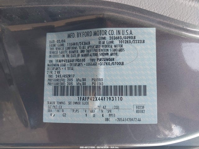 2004 Ford Mustang Gt მანქანა იყიდება აუქციონზე, vin: 1FAFP42X44F193110, აუქციონის ნომერი: 46121898