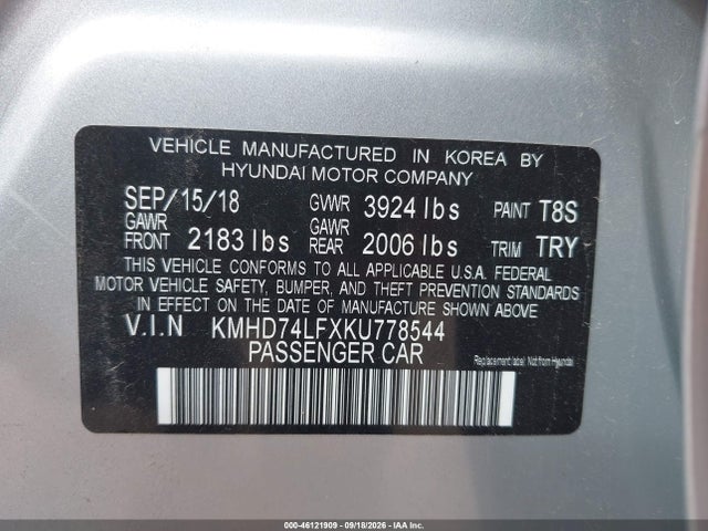 46121909 :رقم المزاد ، KMHD74LFXKU778544 vin ، 2019 Hyundai Elantra Se مزاد بيع