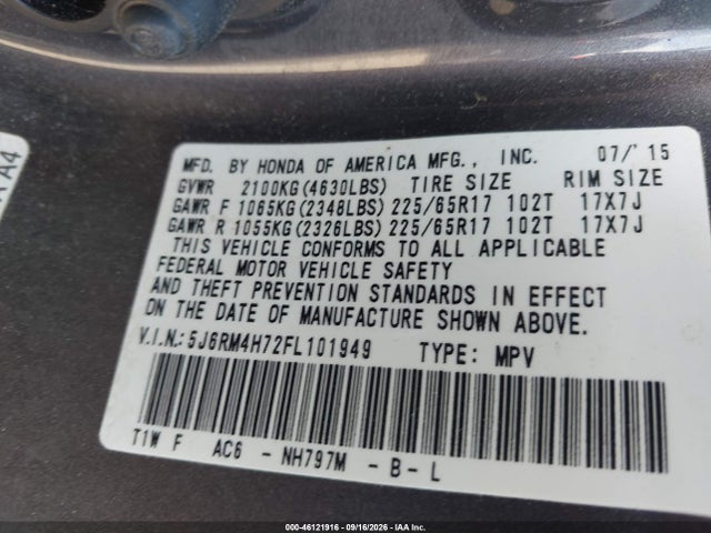 2015 Honda Cr-v Ex-l მანქანა იყიდება აუქციონზე, vin: 5J6RM4H72FL101949, აუქციონის ნომერი: 46121916