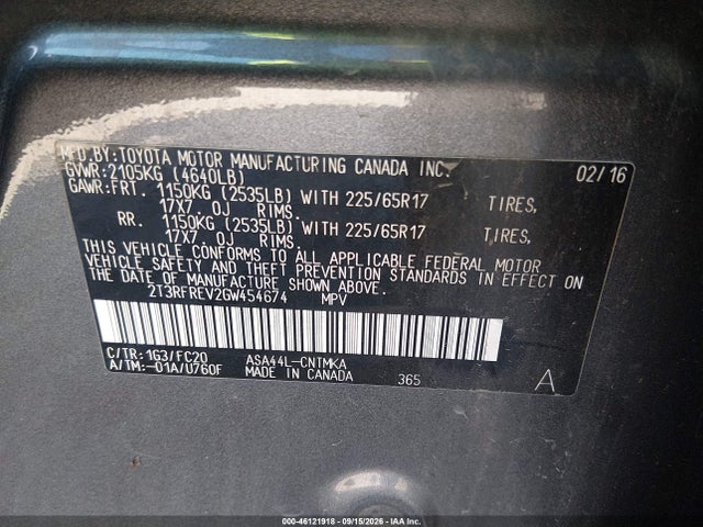Продажа на аукционе авто 2016 Toyota Rav4 Xle, vin: 2T3RFREV2GW454674, номер лота: 46121918