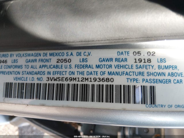 2002 Volkswagen Jetta Gls 1.8l მანქანა იყიდება აუქციონზე, vin: 3VWSE69M12M193680, აუქციონის ნომერი: 46121933