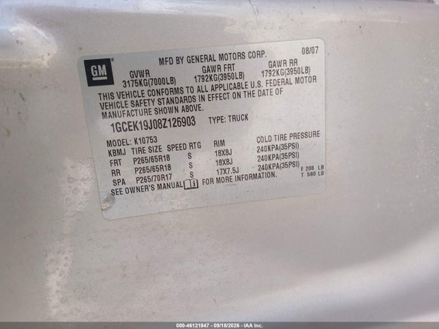 Aukcja sprzedaży 2008 Chevrolet Silverado 1500 Lt1, vin: 1GCEK19J08Z126903, numer aukcji: 46121947