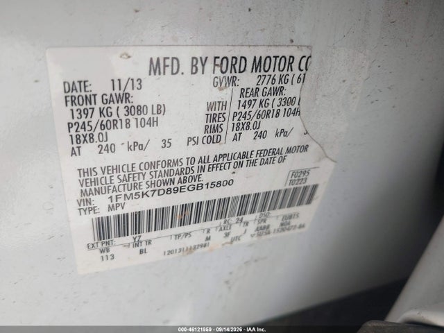 1FM5K7D89EGB15800 Ford EXPLORER XLT