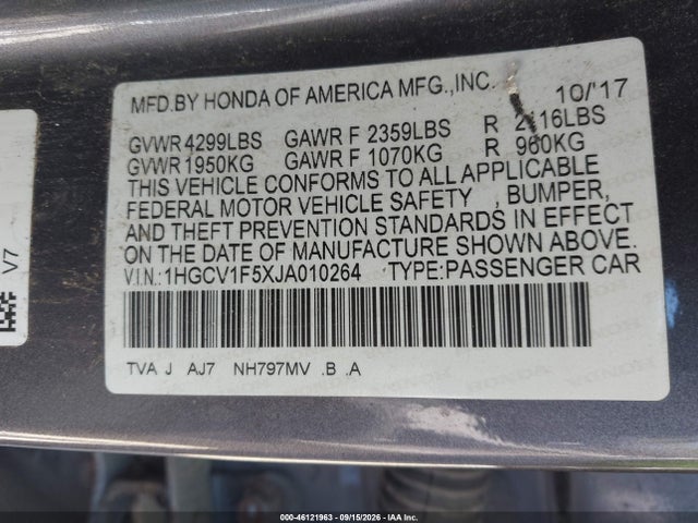 46121963 :رقم المزاد ، 1HGCV1F5XJA010264 vin ، 2018 Honda Accord Ex-l مزاد بيع