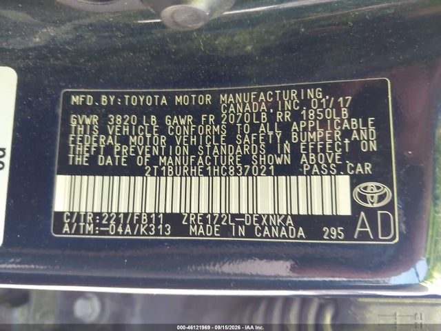 Aukcja sprzedaży 2017 Toyota Corolla Le, vin: 2T1BURHE1HC837021, numer aukcji: 46121969