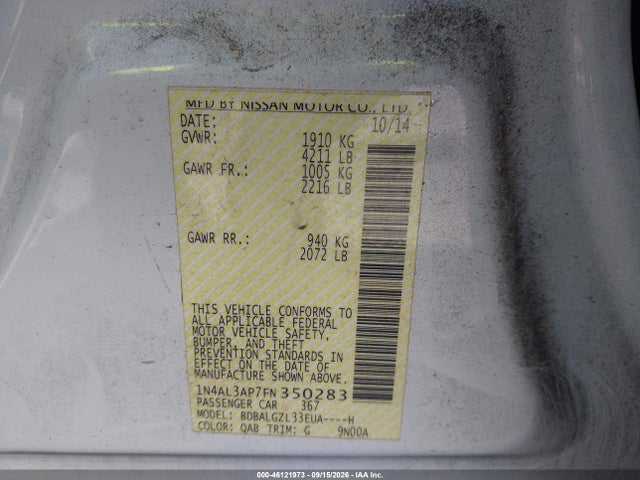 Продаж на аукціоні авто 2015 Nissan Altima 2.5 S, vin: 1N4AL3AP7FN350283, номер лоту: 46121973