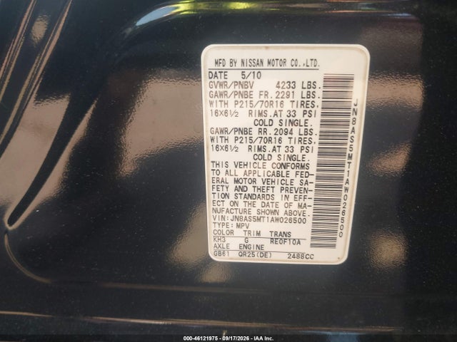 Aukcja sprzedaży 2010 Nissan Rogue S, vin: JN8AS5MT1AW026500, numer aukcji: 46121975
