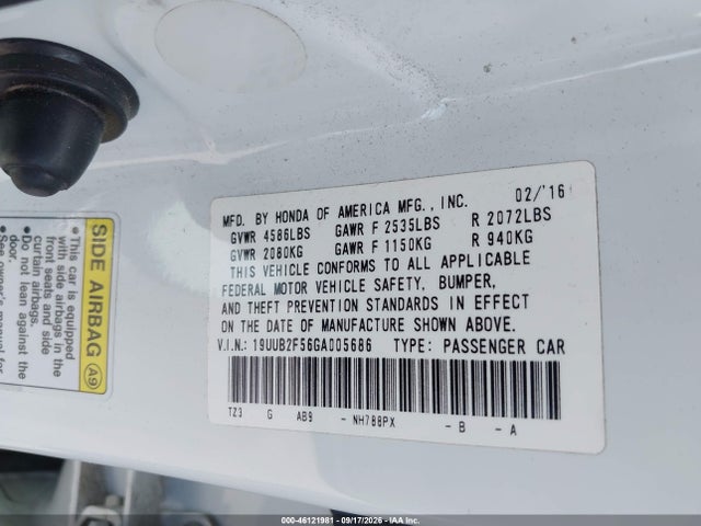 Auction sale of the 2016 Acura Tlx V6 Tech, vin: 19UUB2F56GA005686, lot number: 46121981