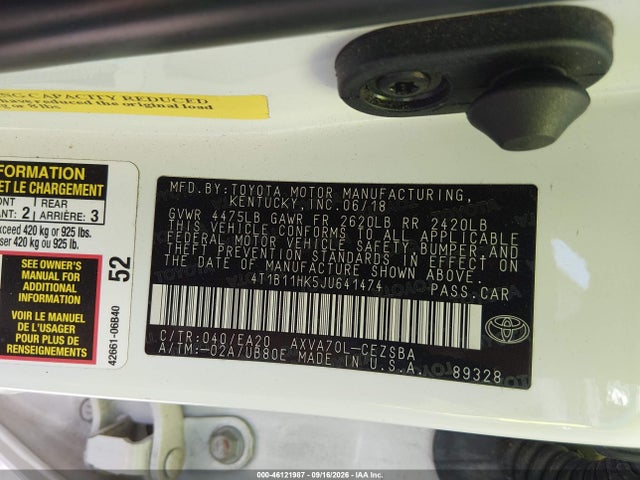 46121987 :رقم المزاد ، 4T1B11HK5JU641474 vin ، 2018 Toyota Camry Se مزاد بيع