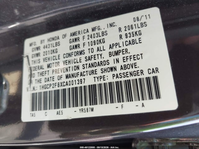 46122000 :رقم المزاد ، 1HGCP2F8XCA001397 vin ، 2012 Honda Accord 2.4 Ex-l مزاد بيع