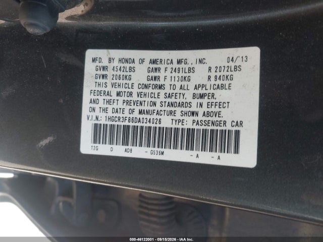 Aukcja sprzedaży 2013 Honda Accord Ex-l V-6, vin: 1HGCR3F86DA034026, numer aukcji: 46122001
