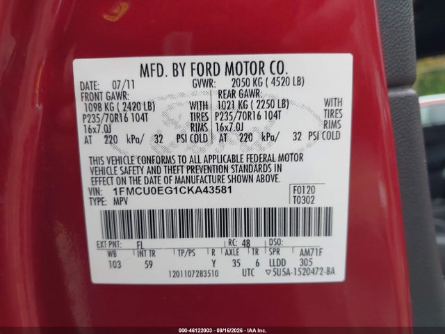 46122003 :رقم المزاد ، 1FMCU0EG1CKA43581 vin ، 2012 Ford Escape Limited مزاد بيع