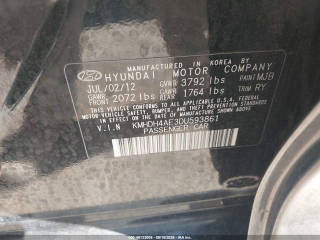 46122006 :رقم المزاد ، KMHDH4AE3DU593861 vin ، 2013 Hyundai Elantra Limited مزاد بيع