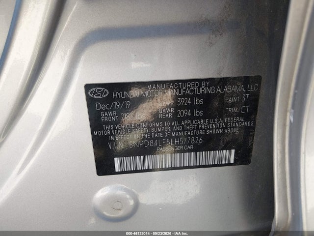 Aukcja sprzedaży 2020 Hyundai Elantra Sel, vin: 5NPD84LF5LH577826, numer aukcji: 46122014