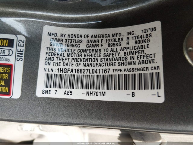 Продажа на аукционе авто 2007 Honda Civic Ex, vin: 1HGFA16827L041167, номер лота: 46122027