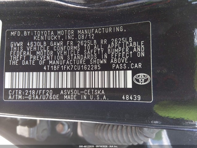 46122028 :رقم المزاد ، 4T1BF1FK7CU162285 vin ، 2012 Toyota Camry Se Limited Edition مزاد بيع