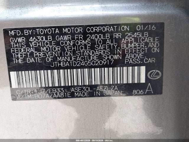 2016 Lexus Is 200t მანქანა იყიდება აუქციონზე, vin: JTHBA1D24G5020917, აუქციონის ნომერი: 46122029