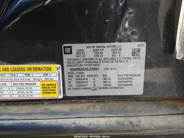 46122032 :رقم المزاد ، 1GNKRGKD3GJ239951 vin ، 2016 Chevrolet Traverse 1lt مزاد بيع