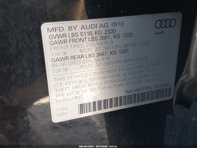 Продажа на аукционе авто 2020 Audi Q3 Premium 45 Tfsi Quattro Tiptronic, vin: WA1AECF35L1014462, номер лота: 46122033