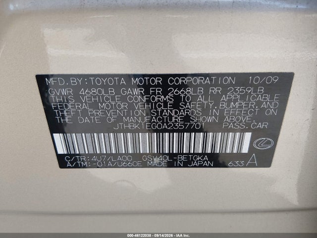 Aukcja sprzedaży 2010 Lexus Es 350, vin: JTHBK1EG0A2357701, numer aukcji: 46122038