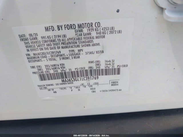 Aukcja sprzedaży 2020 Ford Ecosport Se, vin: MAJ6S3GL1LC391769, numer aukcji: 46122039