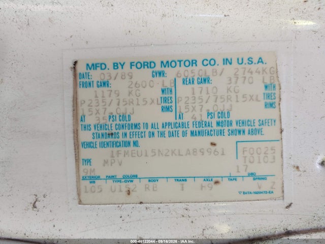 Aukcja sprzedaży 1989 Ford Bronco U100, vin: 1FMEU15N2KLA89961, numer aukcji: 46122044