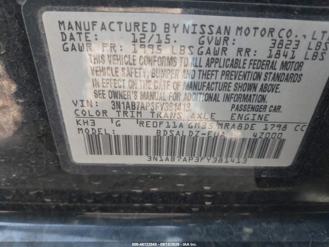 Продаж на аукціоні авто 2015 Nissan Sentra Sv, vin: 3N1AB7AP3FY381413, номер лоту: 46122045