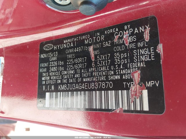 46122060 :رقم المزاد ، KM8JU3AG4EU837870 vin ، 2014 Hyundai Tucson Se مزاد بيع