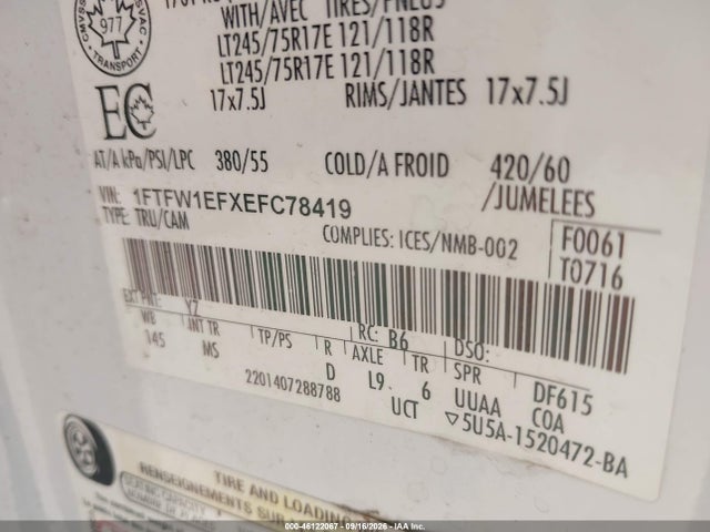 2014 Ford F-150 Xlt მანქანა იყიდება აუქციონზე, vin: 1FTFW1EFXEFC78419, აუქციონის ნომერი: 46122067