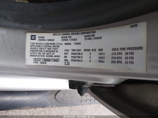 2006 Chevrolet Colorado Lt მანქანა იყიდება აუქციონზე, vin: 1GCDT136868178487, აუქციონის ნომერი: 46122078