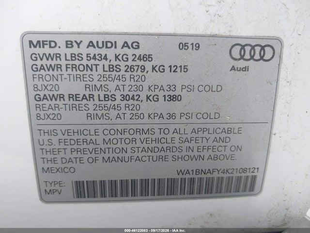 Aukcja sprzedaży 2019 Audi Q5 45 Premium, vin: WA1BNAFY4K2108121, numer aukcji: 46122083