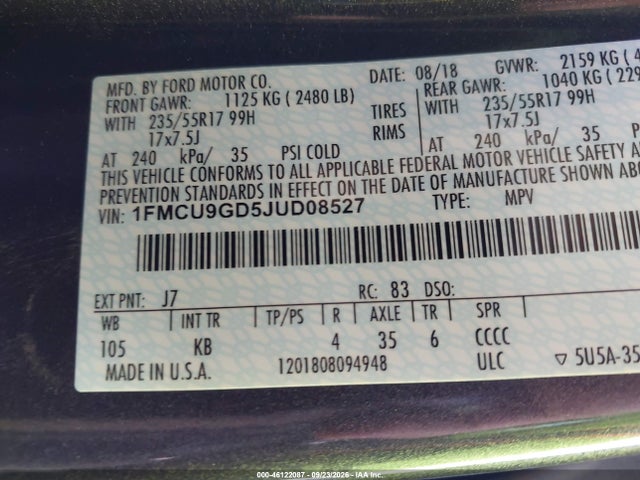 Ford ESCAPE SE 2018 1FMCU9GD5JUD08527 Image 9