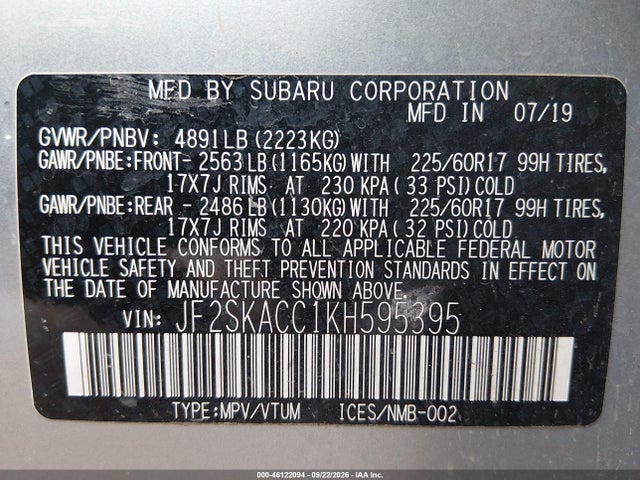 Subaru Forester 2019 JF2SKACC1KH595395 Image 9