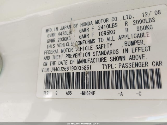 Aukcja sprzedaży 2009 Acura Tsx, vin: JH4CU26619C035861, numer aukcji: 46122095