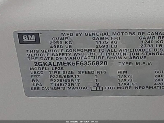 46122110 :رقم المزاد ، 2GKALMEK5F6356820 vin ، 2015 Gmc Terrain Sle-1 مزاد بيع