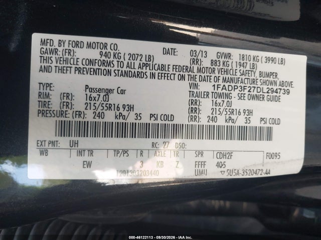 Aukcja sprzedaży 2013 Ford Focus Se, vin: 1FADP3F27DL294739, numer aukcji: 46122113