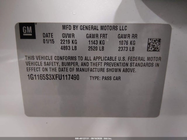 Aukcja sprzedaży 2015 Chevrolet Impala 2lz, vin: 1G1165S3XFU117490, numer aukcji: 46122131